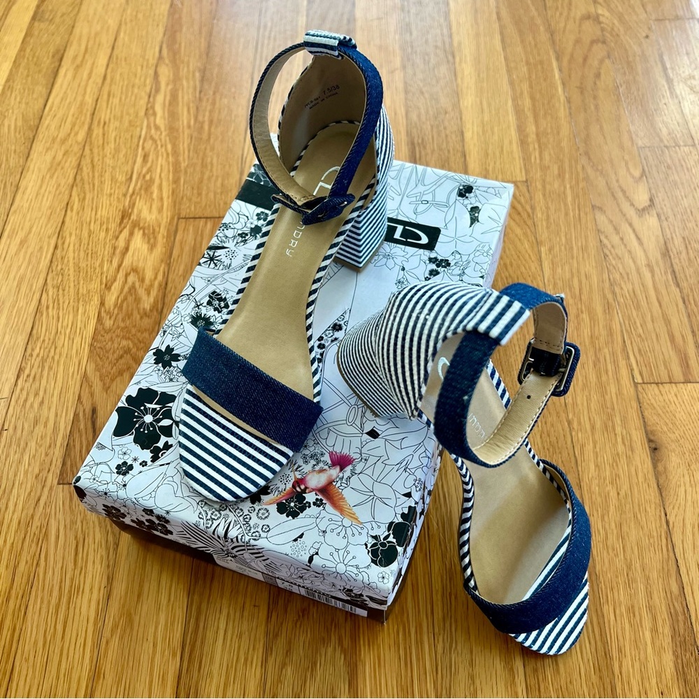 NIB CL By Laundry Jody Denim Dark Blue Block Heel Sandals, 7.5